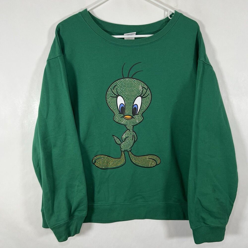 Looney Tunes Tweety Bird Crewneck Sweatshirt Womens XXL 2XL Green Bejeweled